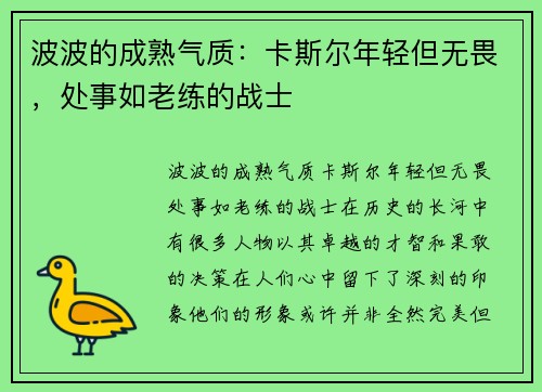 波波的成熟气质：卡斯尔年轻但无畏，处事如老练的战士